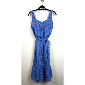 Vintage 70s Blue Pinstripe Polka Dot Midi House Dress Medium Belted Cottagecore